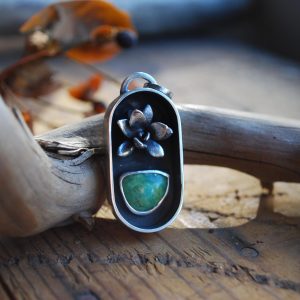 Pendentif Sanctuaire en argent massif Turquoise d'Arizona et succulente en argent