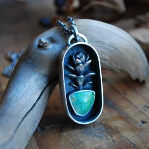 Pendentif Sanctuaire en argent massif Turquoise d'Arizona et succulente en argent