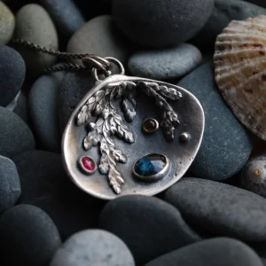 Collier coquillage recto verso en argent Kyanite, citrine, tourmaline