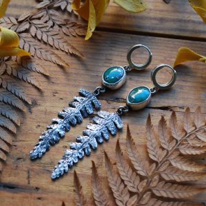 Boucles d’oreilles créoles – Argent 950, turquoise d’Arizona & fougères
