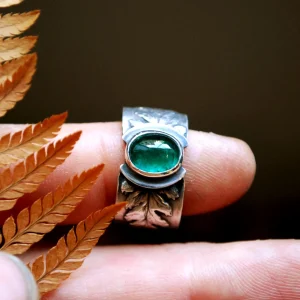 Bague fougère T56 en argent 950, bague végétale avec tourmaline